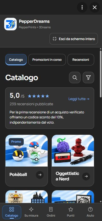 Catalogo reale con categorie, pulsante di ricerca e filtri