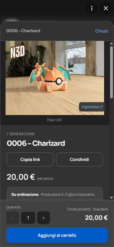 Scheda reale della Pokéball Charizard con foto, prezzo, quantità e Aggiungi al carrello