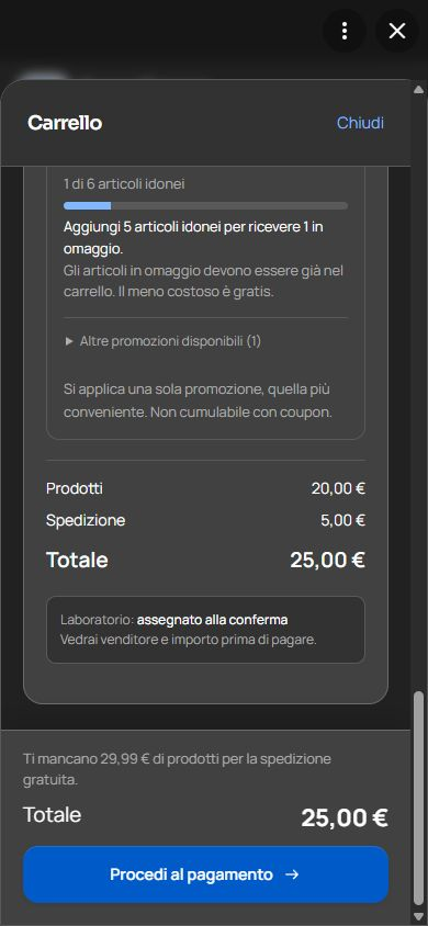 Riepilogo reale con prodotti, spedizione, totale e Procedi al pagamento prima della conferma