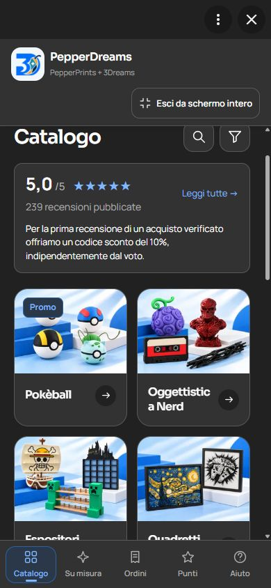 Schermata reale del catalogo Telegram con le categorie Pokéball, Oggettistica Nerd, Espositori e Quadretti 3D