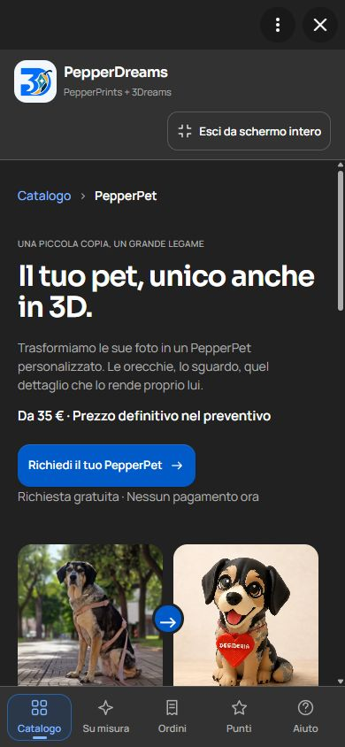 Schermata reale di PepperPet nello shop, con la presentazione del servizio e il confronto tra Desideria e la sua statuetta