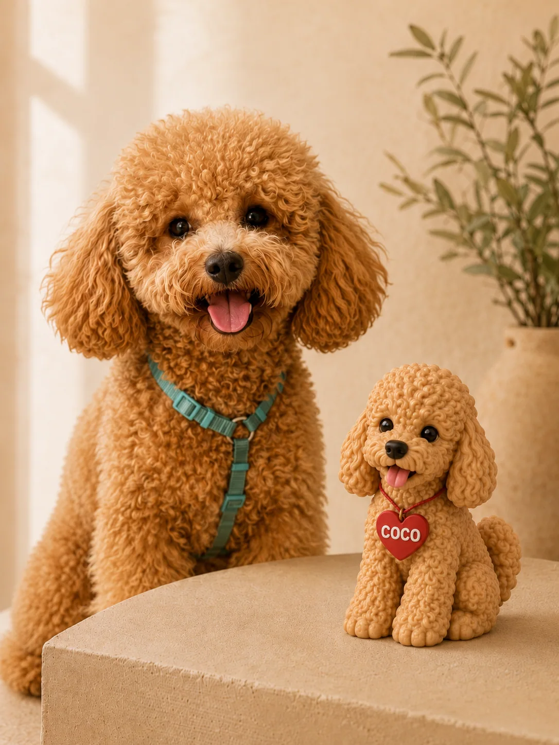 Coco, il barboncino color miele, accanto alla sua statuetta PepperPet